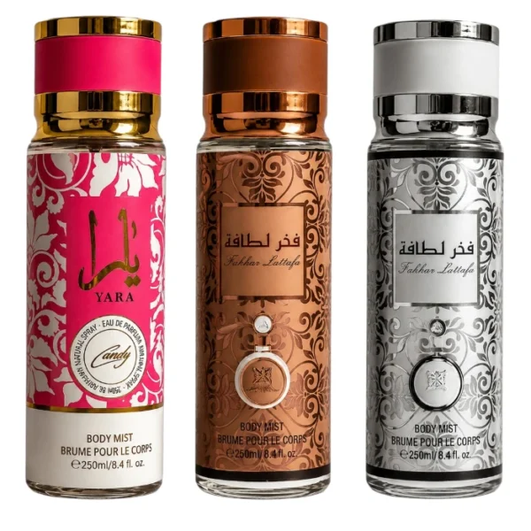Lot de 3 Brumes Parfumées Lattafa – Fakhar, Fakhar Silver & Yara Candy